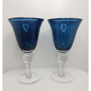 Artland Rare Cobalt Blue  Bubbles Hand Blown Water Wine Goblet 8” Set Of 2 New